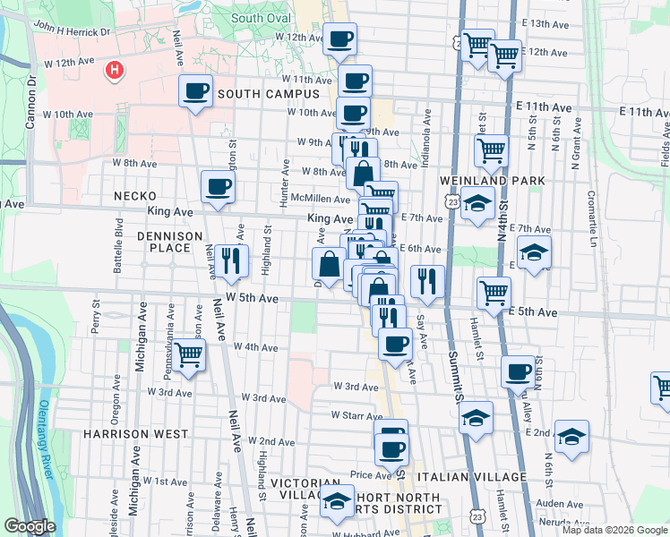 map of restaurants, bars, coffee shops, grocery stores, and more near 46 Smith Place in Columbus