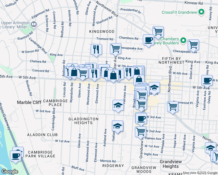 map of restaurants, bars, coffee shops, grocery stores, and more near 1537 Ashland Avenue in Columbus