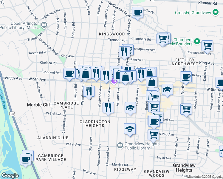 map of restaurants, bars, coffee shops, grocery stores, and more near 1537 Ashland Avenue in Columbus