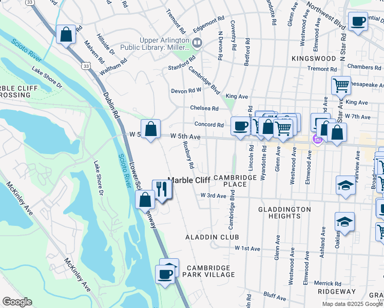 map of restaurants, bars, coffee shops, grocery stores, and more near 1593 Arlington Avenue in Marble Cliff