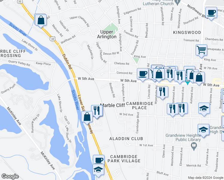 map of restaurants, bars, coffee shops, grocery stores, and more near 1605 Roxbury Road in Columbus