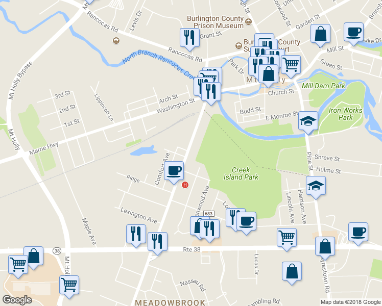 map of restaurants, bars, coffee shops, grocery stores, and more near 99 Madison Avenue in Mount Holly