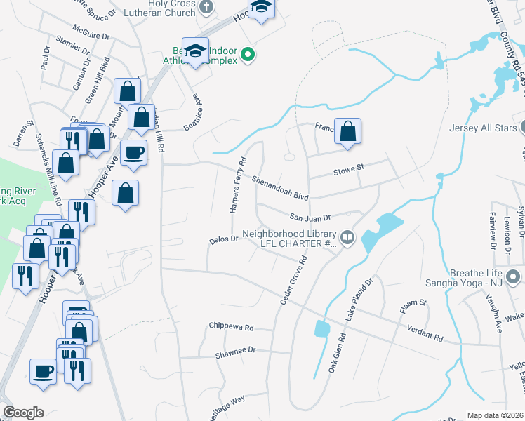 map of restaurants, bars, coffee shops, grocery stores, and more near 501 San Juan Drive in Toms River