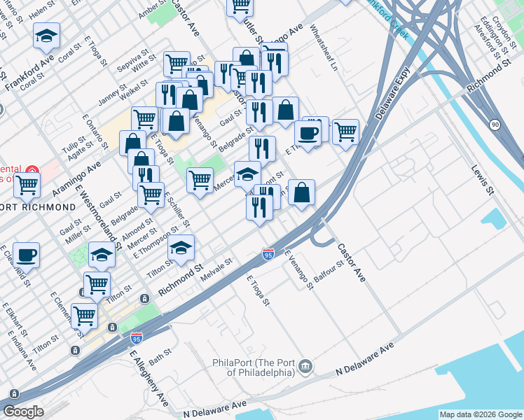 map of restaurants, bars, coffee shops, grocery stores, and more near 2730 East Venango Street in Philadelphia