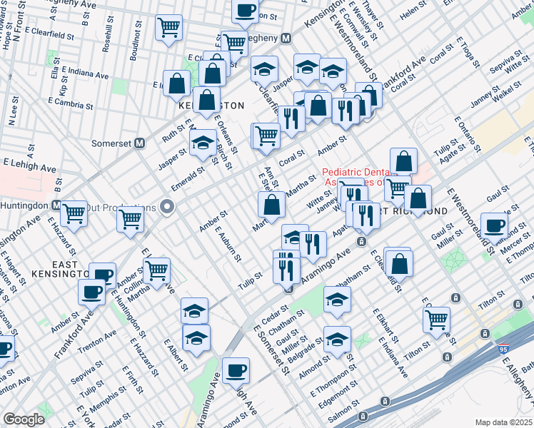 map of restaurants, bars, coffee shops, grocery stores, and more near 2153 East Orleans Street in Philadelphia