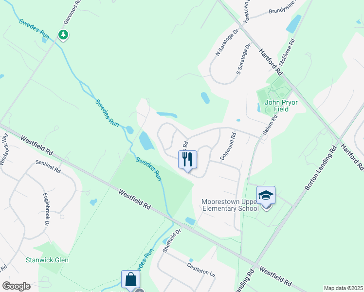 map of restaurants, bars, coffee shops, grocery stores, and more near 49 Brooks Road in Moorestown