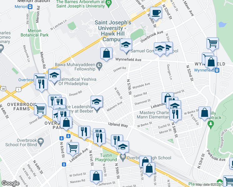 map of restaurants, bars, coffee shops, grocery stores, and more near Woodcrest Avenue in Philadelphia