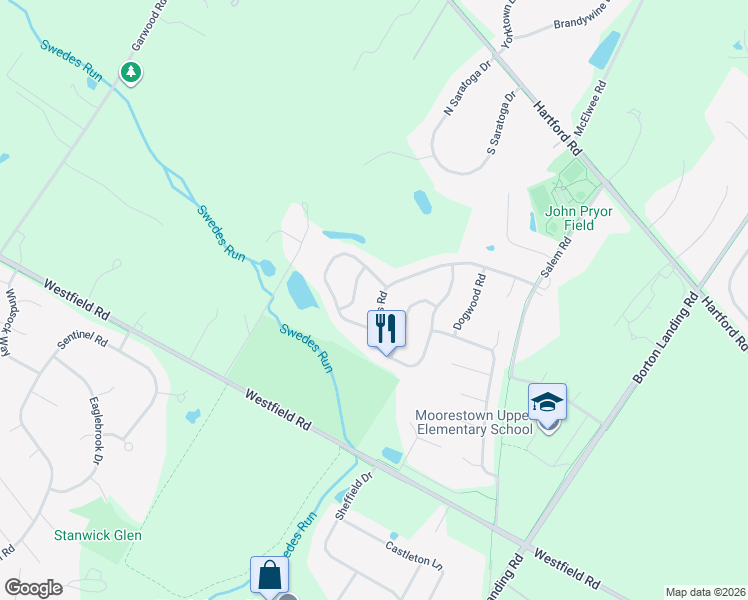 map of restaurants, bars, coffee shops, grocery stores, and more near 49 Brooks Road in Moorestown