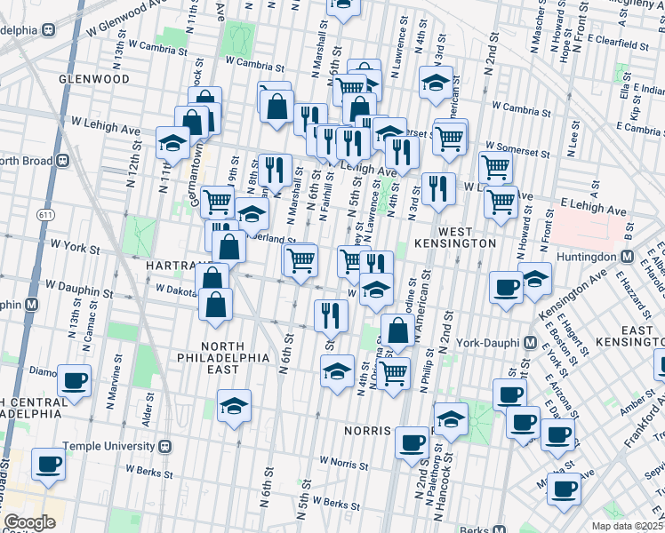 map of restaurants, bars, coffee shops, grocery stores, and more near 2431 North Reese Street in Philadelphia