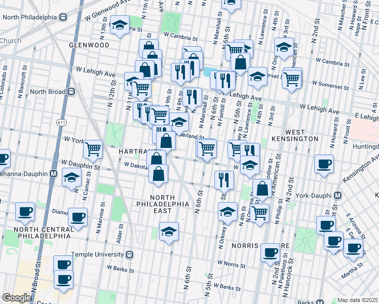 map of restaurants, bars, coffee shops, grocery stores, and more near 2413 North 7th Street in Philadelphia