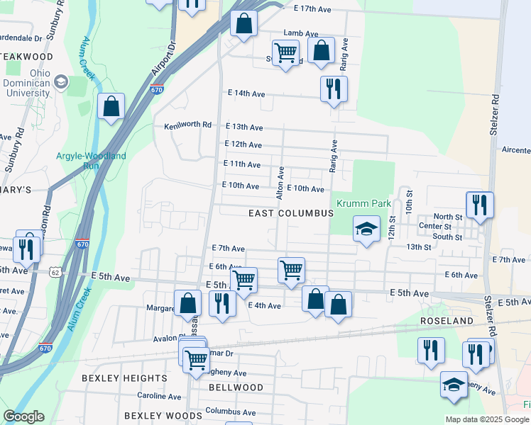 map of restaurants, bars, coffee shops, grocery stores, and more near 2883 East 9th Avenue in Columbus