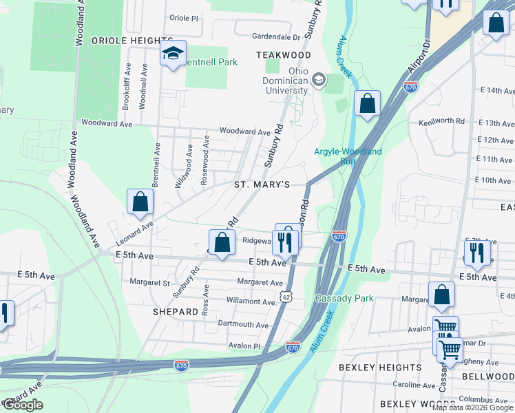 map of restaurants, bars, coffee shops, grocery stores, and more near 984 Sunbury Road in Columbus