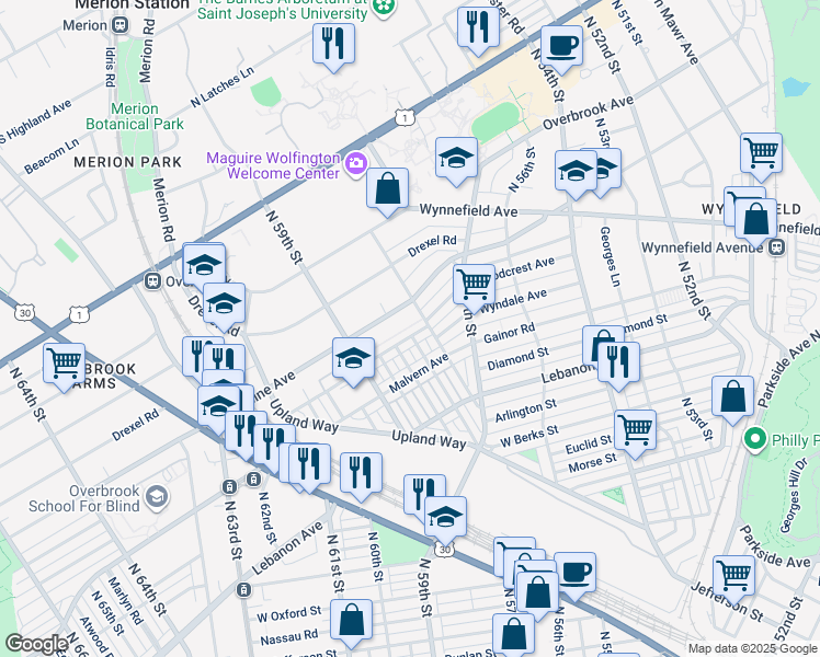 map of restaurants, bars, coffee shops, grocery stores, and more near 5819 Woodcrest Avenue in Philadelphia