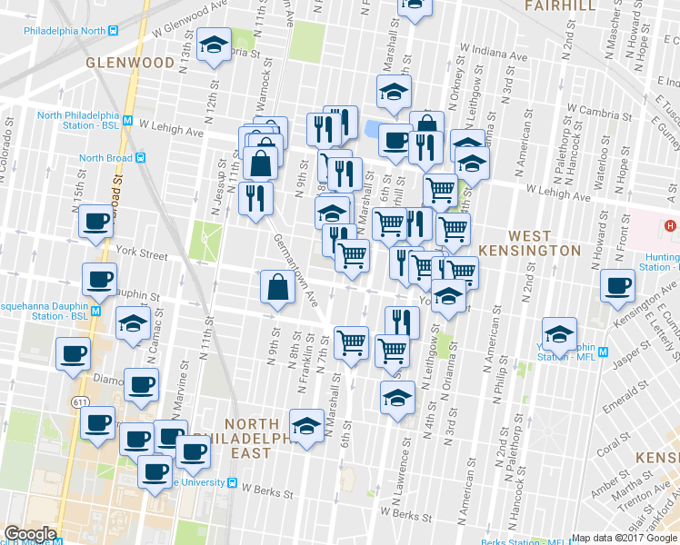 map of restaurants, bars, coffee shops, grocery stores, and more near 2413 North 7th Street in Philadelphia