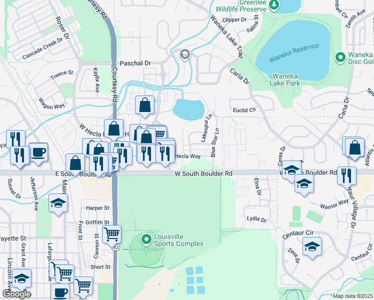 map of restaurants, bars, coffee shops, grocery stores, and more near 1755 Sweet Clover Lane in Louisville