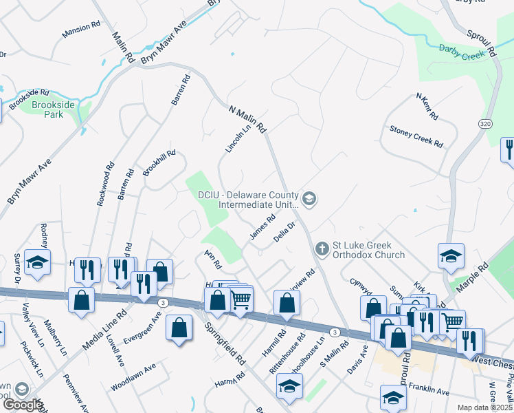 map of restaurants, bars, coffee shops, grocery stores, and more near 57 Sonia Lane in Broomall