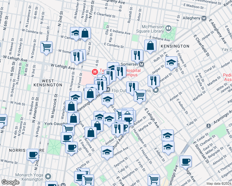 map of restaurants, bars, coffee shops, grocery stores, and more near 1835 East Harold Street in Philadelphia