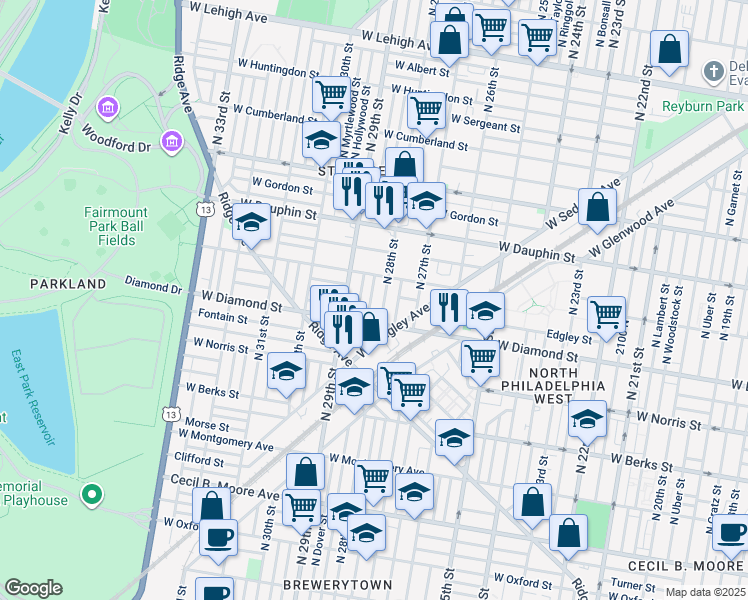map of restaurants, bars, coffee shops, grocery stores, and more near 2135 North Newkirk Street in Philadelphia