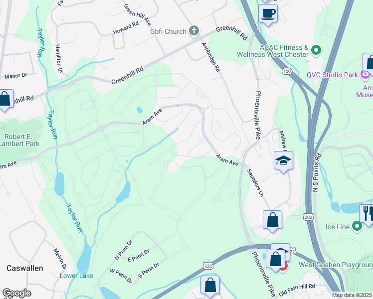 map of restaurants, bars, coffee shops, grocery stores, and more near 1905 Fitzgerald Lane in West Chester