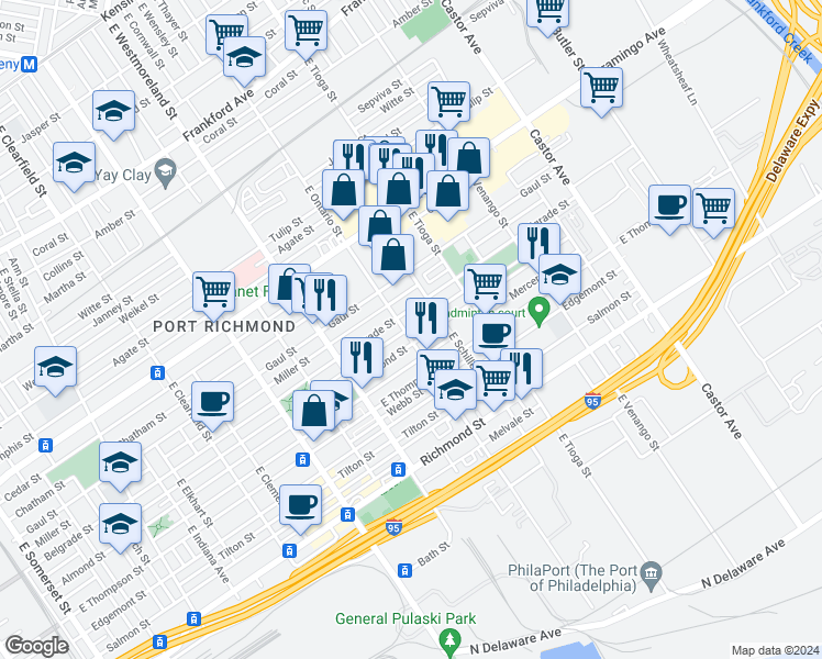 map of restaurants, bars, coffee shops, grocery stores, and more near 2553 East Ontario Street in Philadelphia