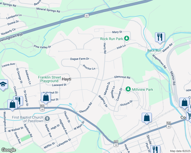 map of restaurants, bars, coffee shops, grocery stores, and more near 130 Dague Farm Drive in Coatesville