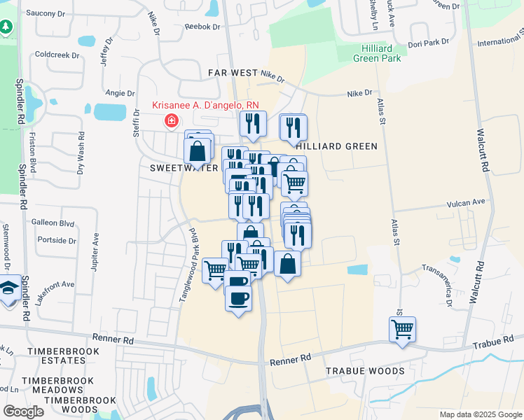 map of restaurants, bars, coffee shops, grocery stores, and more near 1780 Hilliard Rome Road in Hilliard