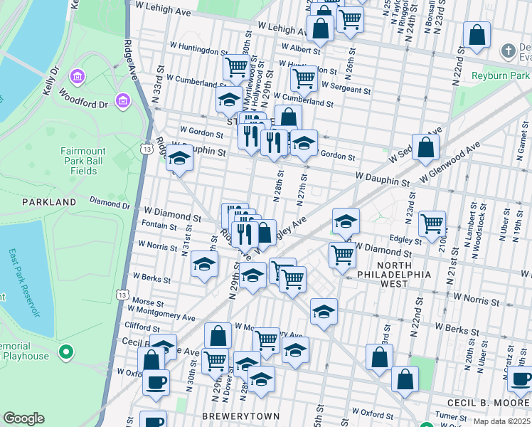 map of restaurants, bars, coffee shops, grocery stores, and more near 2135 North Newkirk Street in Philadelphia