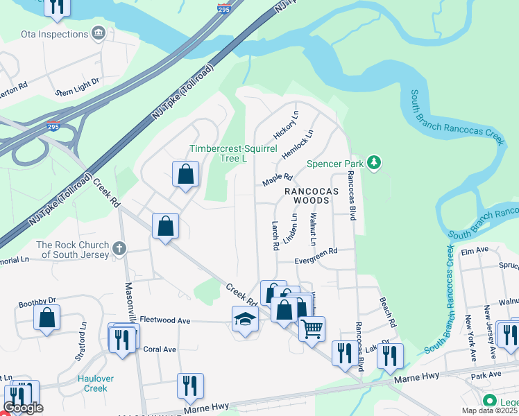 map of restaurants, bars, coffee shops, grocery stores, and more near 331 Timberline Drive in Mount Laurel Township