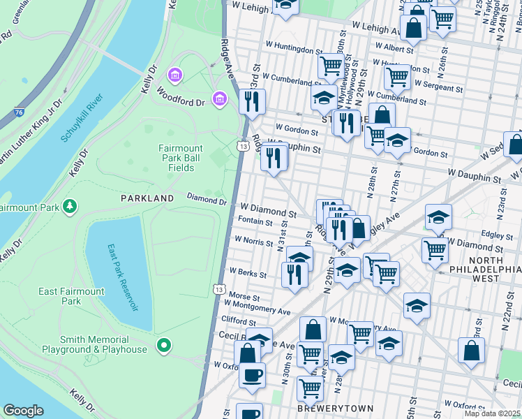 map of restaurants, bars, coffee shops, grocery stores, and more near West Diamond street & N 32nd St in Philadelphia