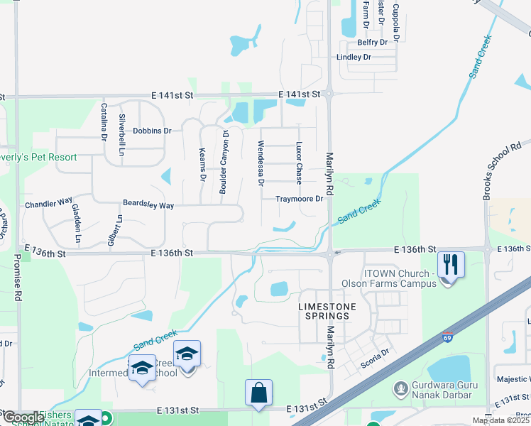 map of restaurants, bars, coffee shops, grocery stores, and more near 13701 Wendessa Drive in Fishers