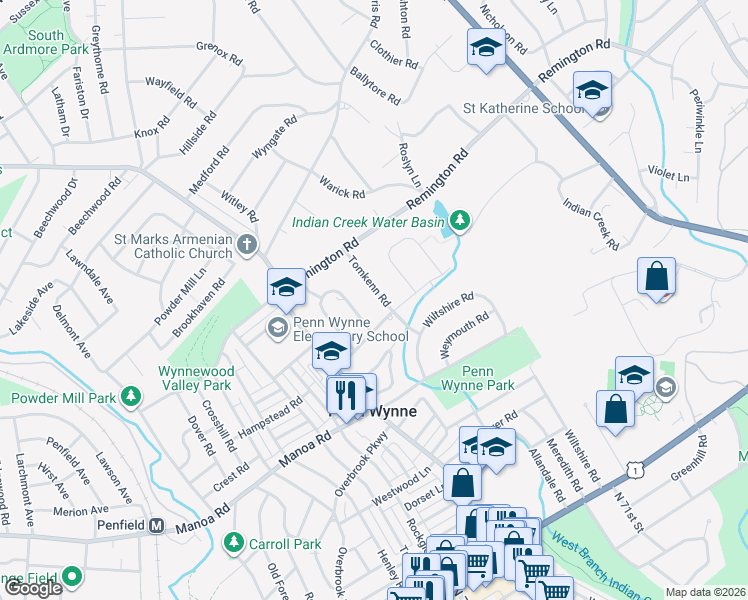 map of restaurants, bars, coffee shops, grocery stores, and more near 256 Tomkenn Road in Wynnewood