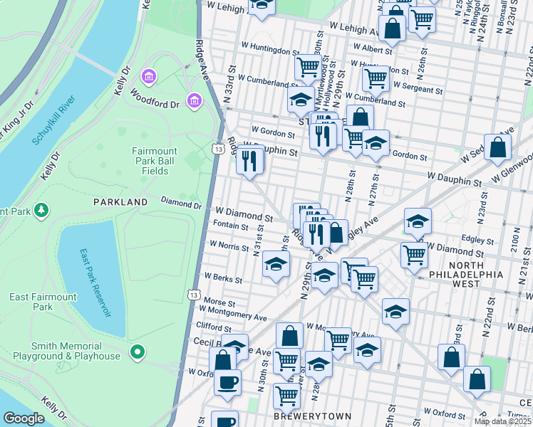 map of restaurants, bars, coffee shops, grocery stores, and more near 3035 West Diamond street in Philadelphia