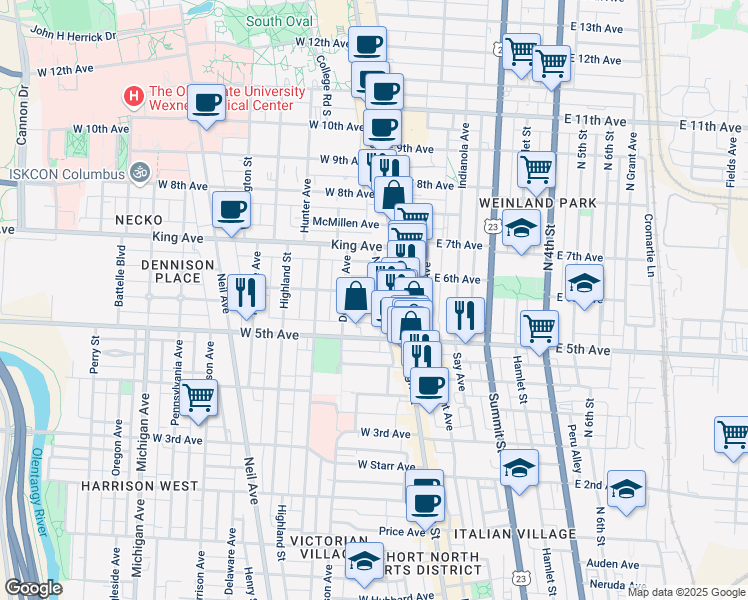 map of restaurants, bars, coffee shops, grocery stores, and more near 46 Smith Place in Columbus