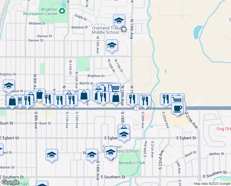 map of restaurants, bars, coffee shops, grocery stores, and more near 1574 Walnut Drive in Brighton