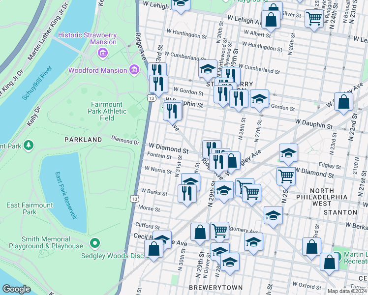 map of restaurants, bars, coffee shops, grocery stores, and more near 3035 West Diamond street in Philadelphia