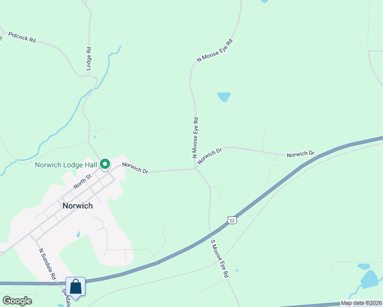 map of restaurants, bars, coffee shops, grocery stores, and more near 385 North Moose Eye Road in Norwich