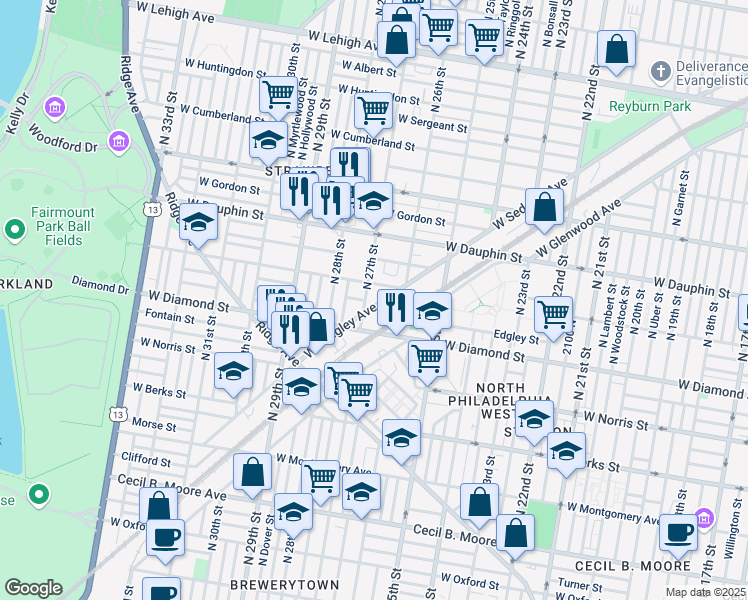 map of restaurants, bars, coffee shops, grocery stores, and more near 2637 West Sedgley Avenue in Philadelphia