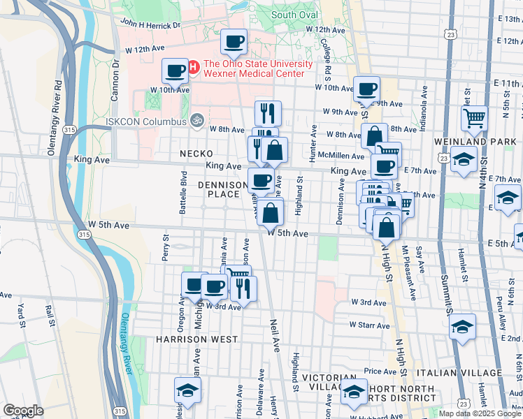 map of restaurants, bars, coffee shops, grocery stores, and more near 1322 Neil Avenue in Columbus