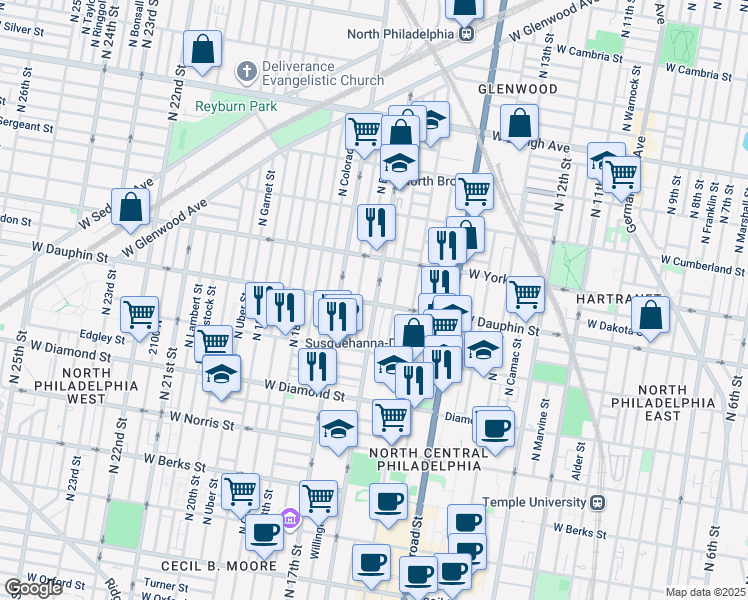 map of restaurants, bars, coffee shops, grocery stores, and more near 1601 West Dauphin Street in Philadelphia