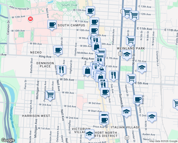 map of restaurants, bars, coffee shops, grocery stores, and more near 46 Smith Place in Columbus