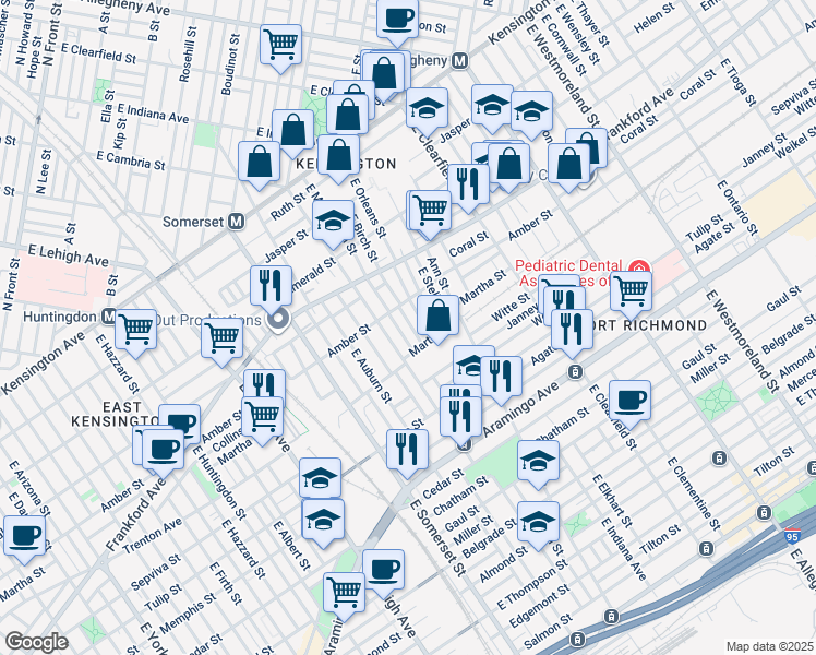 map of restaurants, bars, coffee shops, grocery stores, and more near 2132 East Birch Street in Philadelphia