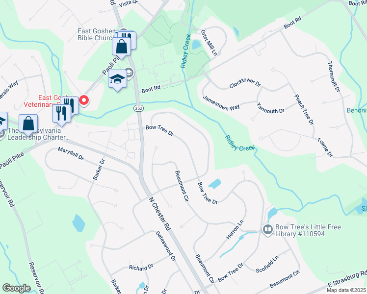 map of restaurants, bars, coffee shops, grocery stores, and more near 1711 Bow Tree Drive in West Chester