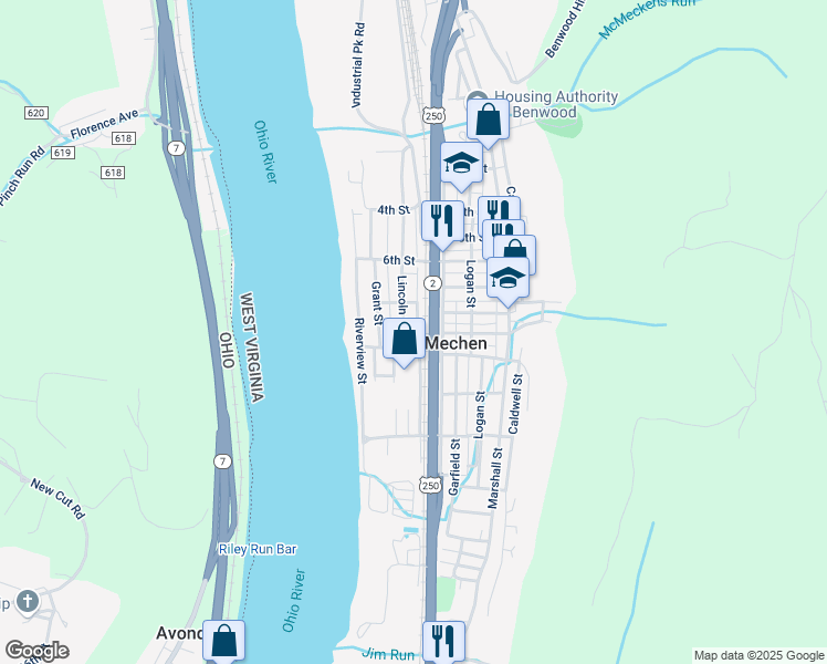 map of restaurants, bars, coffee shops, grocery stores, and more near 724 Lincoln St in McMechen