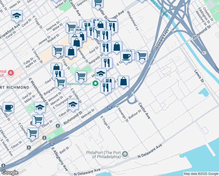 map of restaurants, bars, coffee shops, grocery stores, and more near 2752 East Pacific Street in Philadelphia