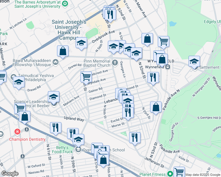 map of restaurants, bars, coffee shops, grocery stores, and more near 5420 Gainor Road in Philadelphia