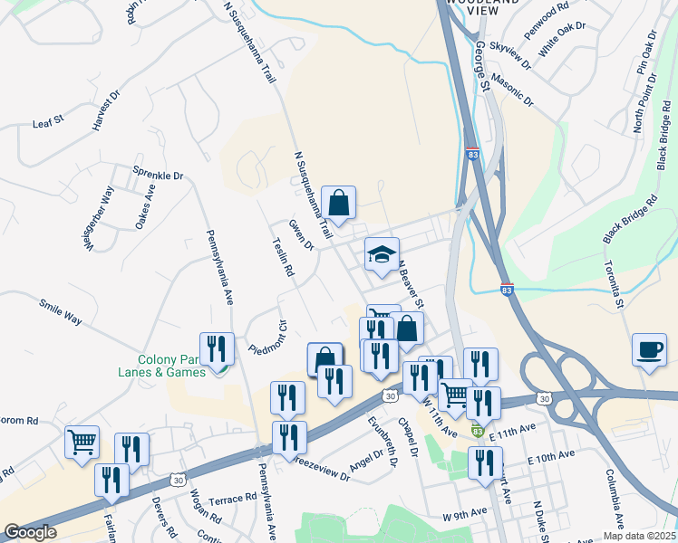 map of restaurants, bars, coffee shops, grocery stores, and more near 2000 N Susquehanna Trail in York