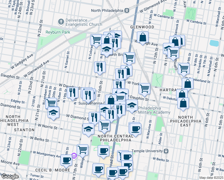 map of restaurants, bars, coffee shops, grocery stores, and more near 2311 North 15th Street in Philadelphia