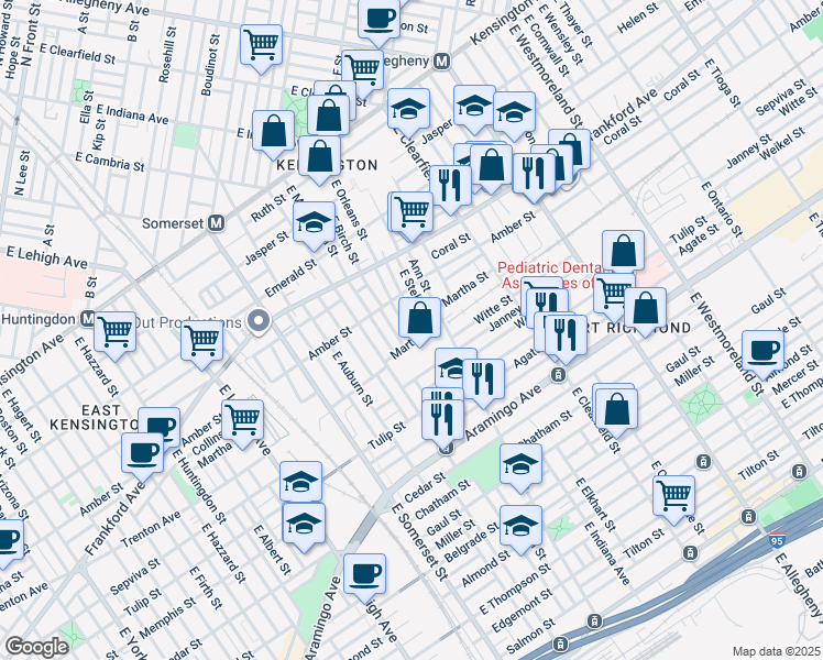 map of restaurants, bars, coffee shops, grocery stores, and more near 2151 East Orleans Street in Philadelphia