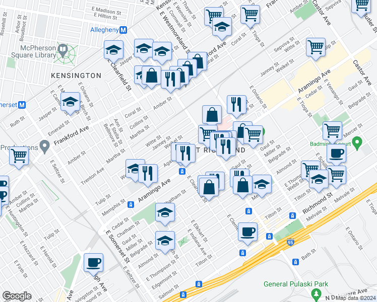 map of restaurants, bars, coffee shops, grocery stores, and more near 3141 Agate Street in Philadelphia