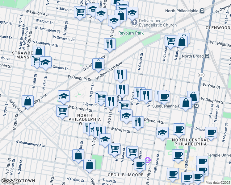 map of restaurants, bars, coffee shops, grocery stores, and more near 2233 North 21st Street in Philadelphia